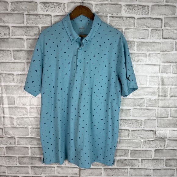 PUMA Golf Logo Argyle AOP Mint Blue Casual Collared Shirt Mens XL - Picture 2 of 6